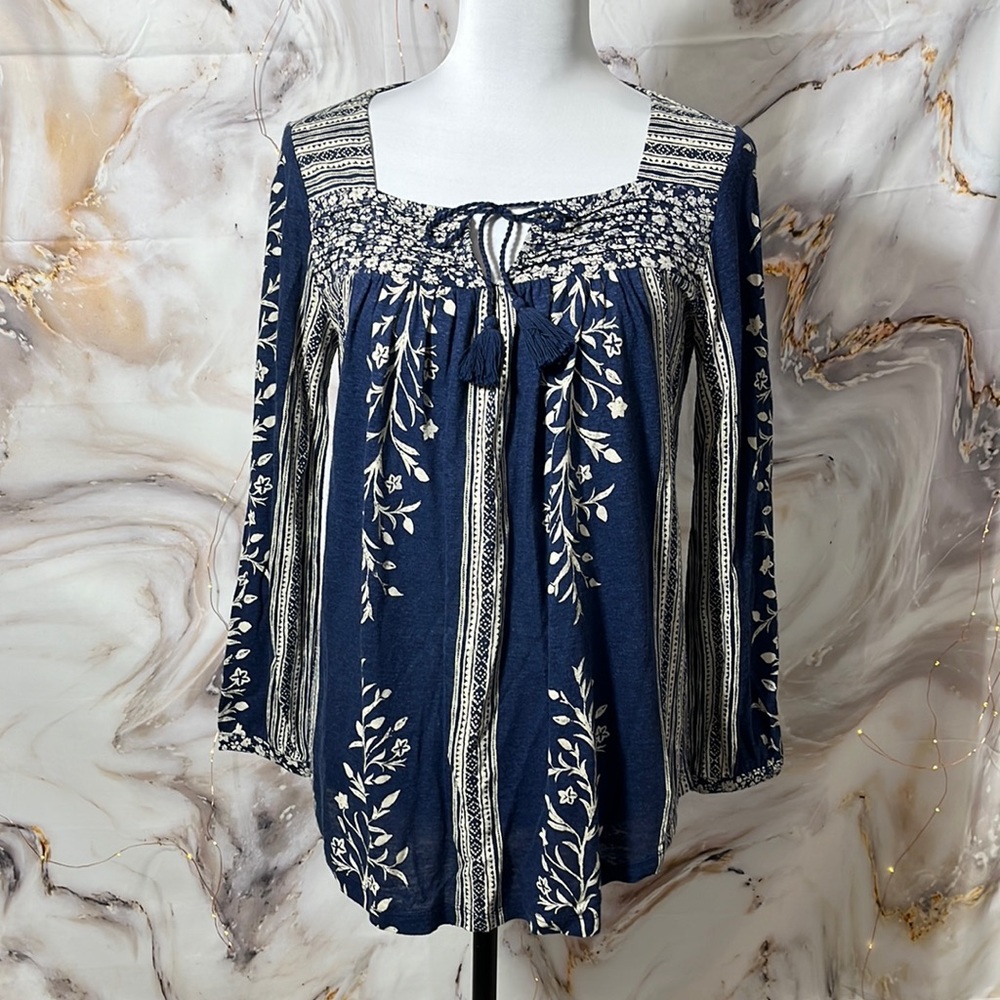 Lucky Brand Peasant Boho Long Sleeve Split Neck with Tassels Navy & Cream SZ XS